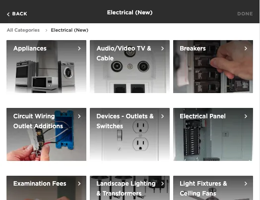 A clean ServiceTitan electrical category tree: panels, breakers, devices, lighting, structured to stay organized as it grows