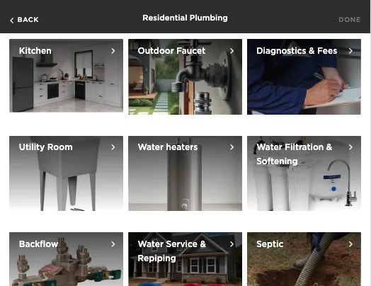 A clean ServiceTitan plumbing category tree: water heaters, repiping, backflow, drain and sewer, structured so services slot in without duplication