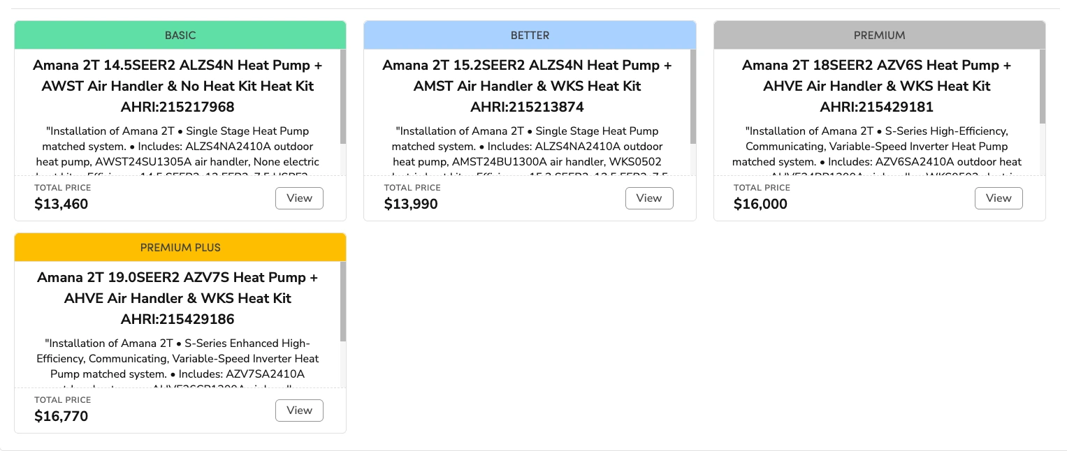 A four-tier good, better, best and premium plus install proposal for an Amana 2-ton heat pump system in ServiceTitan, each tier priced for the customer