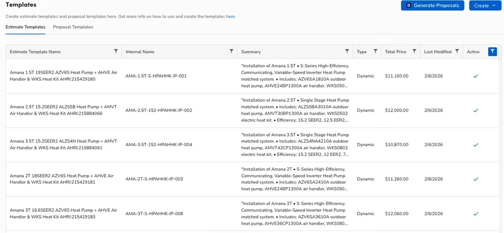A list of ServiceTitan estimate and proposal templates, full Amana heat-pump system names with AHRI numbers, internal codes, install summaries and dynamic pricing