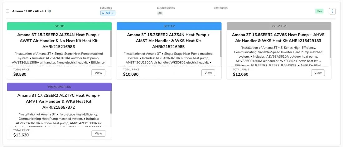 A four-tier good, better, premium and premium plus install proposal for an Amana 3-ton heat pump system in ServiceTitan, each tier priced