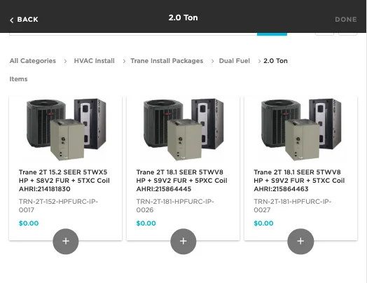 Trane install packages in ServiceTitan with AHRI matchups and clean, coded pricing